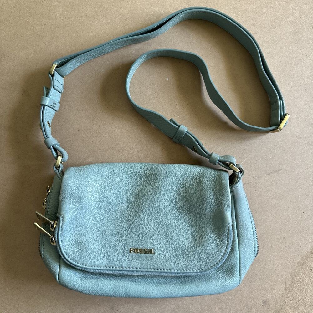 Fossil Light Blue Pebbled Leather Crossbody Aqua Teal Green Small